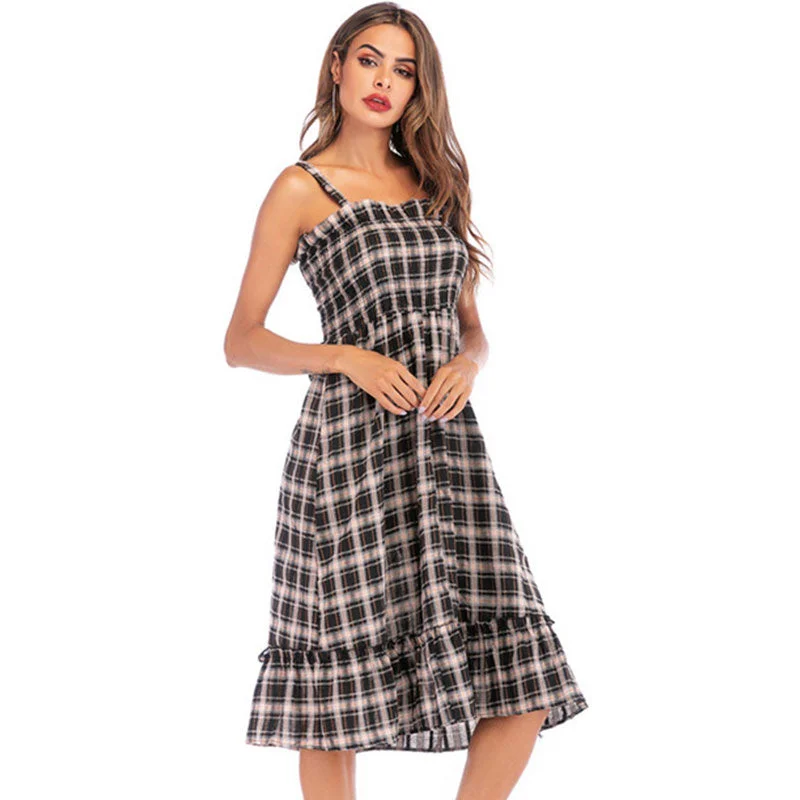 Black Velvet Party Dress for Chic Look -Sexy Plaid Ruffles Strap Dresses Women Casual Sleeveless A-line Summer Long Dress Ladies Fashion Elegant Party Dress Vestidos