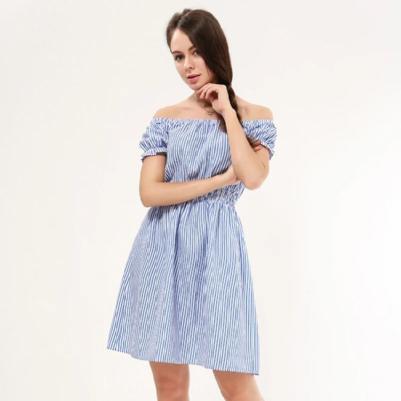 Colorful Shirt Dress-Sexy Slash Neck Short Sleeve Striped A-line Dress Women Summer Sweet Elastic Waist Short Dresses Female Casual Dress Vestidos
