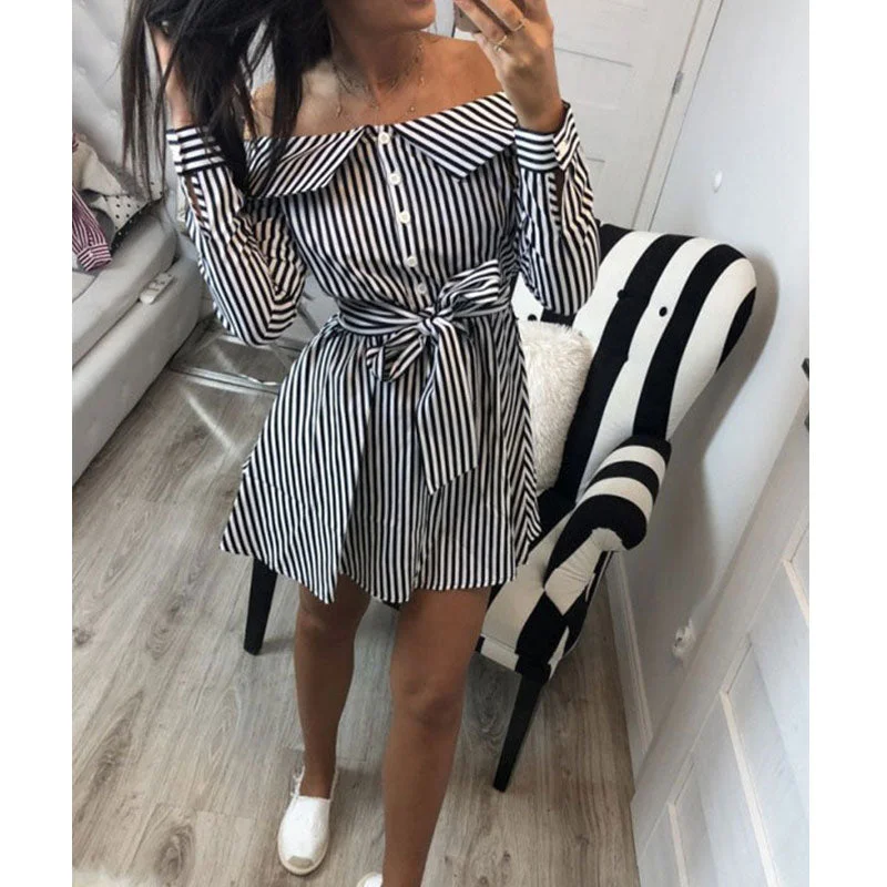 Red Satin Party Dress for Holiday Party -Sexy Striped Lacing Mini Dresses Women Solid Long Sleeve Off Shoulder A-line Dress Ladies Fashion Sweet Party Dress Vestidos New