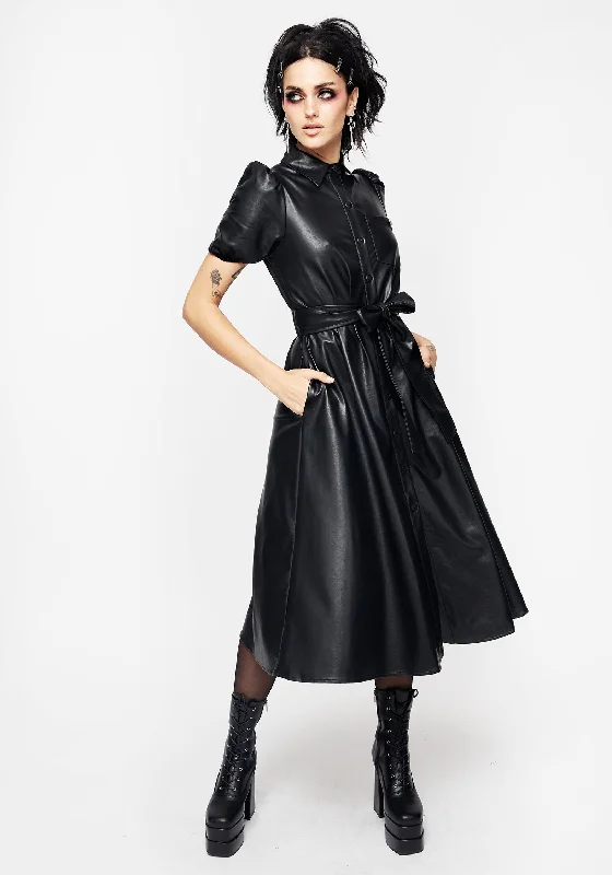 Women's Cotton Plaid Shirt Dress-Sharon PU Midi Shirt Dress With Charm