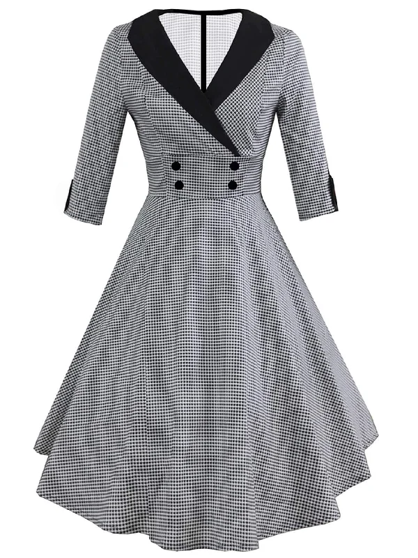 Summer Print Flare Dress -Shawl Collar Double-breasted Houndstooth Flare Dress
