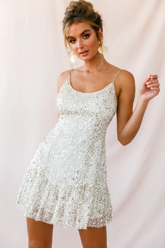 Women's Back Tie Mini Dress-Shine Spaghetti Strap Sequin Mini Dress Champagne