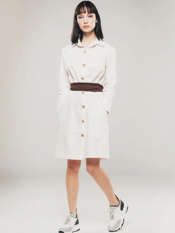 Elegant V-neck Shirt Dress-Organic Cotton Structured Shirt Dress | White