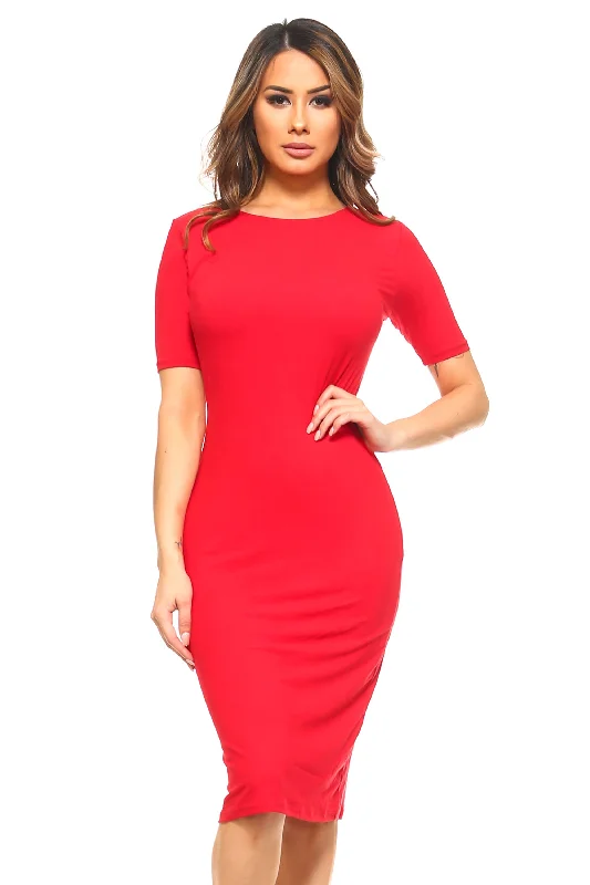 Bodycon Dress with Ribbon Detail -Short Sleeve Crew Neck Midi Bodycon Dress