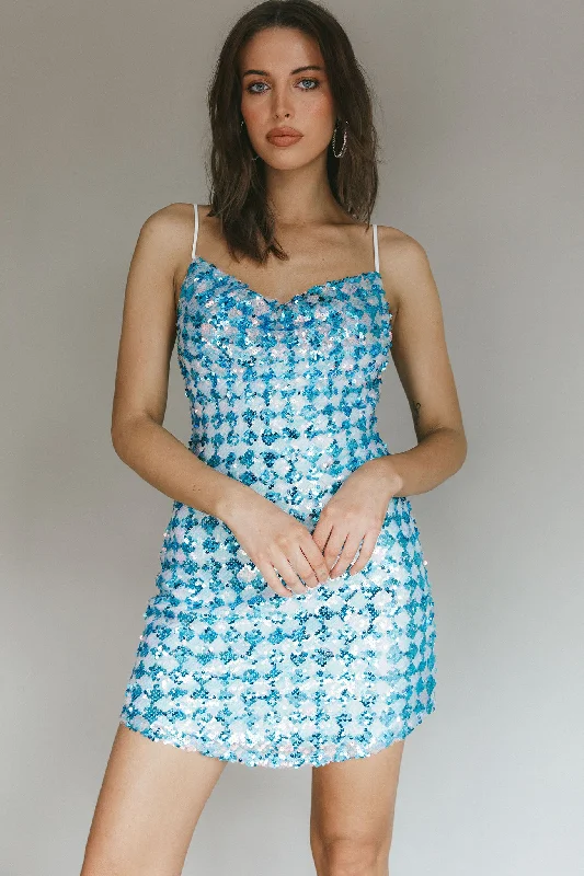 Women's Lined Mini Dress-Show Me Love Cowl Neck Mini Dress Sequin Check Blue