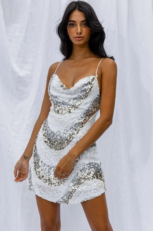 Women's Zipper Back Mini Dress-Show Me Love Cowl Neck Mini Dress Sequin Swirl White
