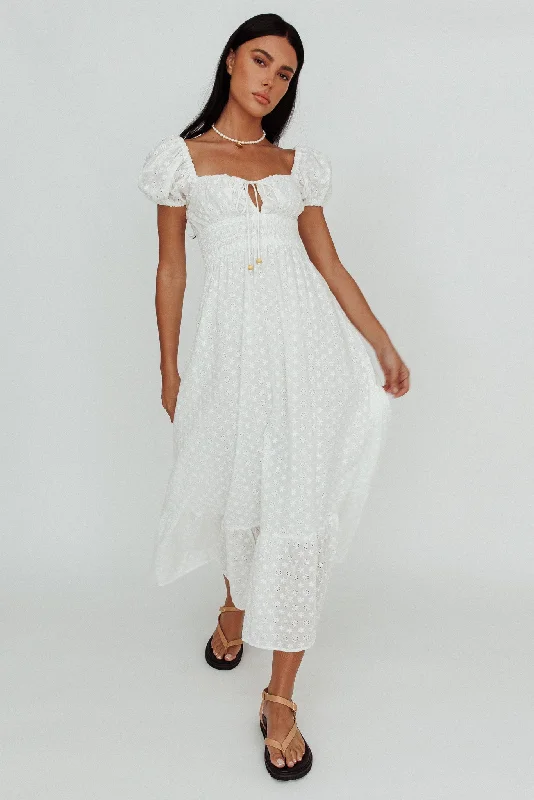 Women's Strap Detail Floral Maxi Dress-Sia Puff Sleeve Eyelet Maxi Dress White