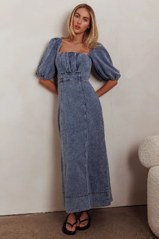 Women's Pocketed Maxi Dress-Sibille Puff Sleeve Maxi Dress Denim Blue
