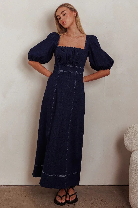 Women's Layered Maxi Dress-Sibille Puff Sleeve Maxi Dress Denim Indigo