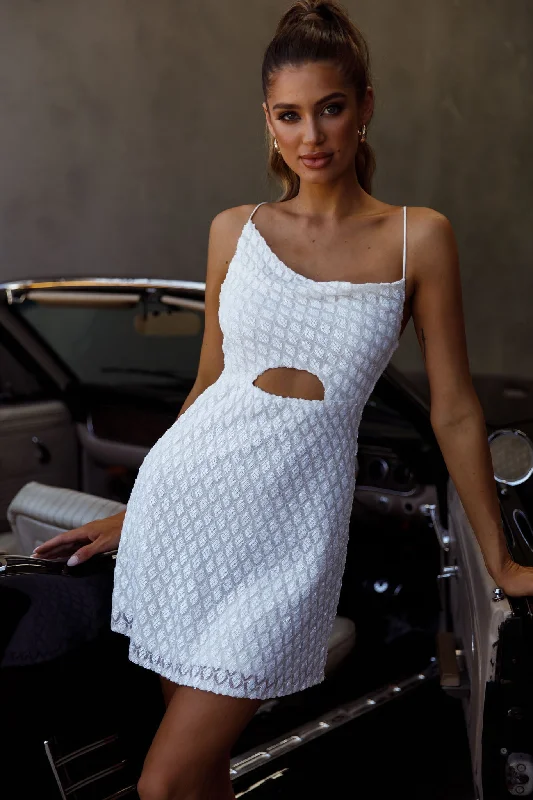Women's Turtleneck Mini Dress-Sicily Asymmetrical Cowl Neckline Tie-Up Back Sequin Mini Dress White