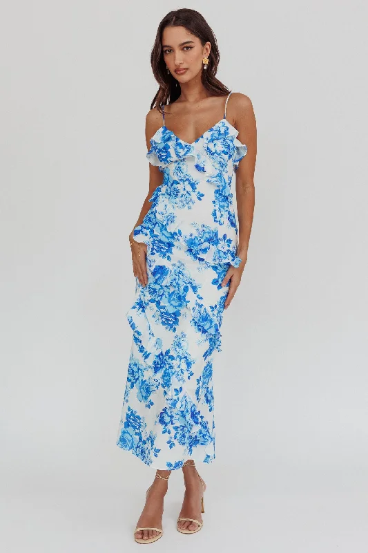 Women's Belted Floral Maxi Dress-Silvana Frill Trim Maxi Dress Floral Blue