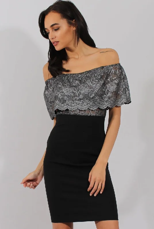 Sexy Black Bodycon Dress with Lace-up Detail -Silver And Black Lace Frill Bardot Bodycon Dress - Cora