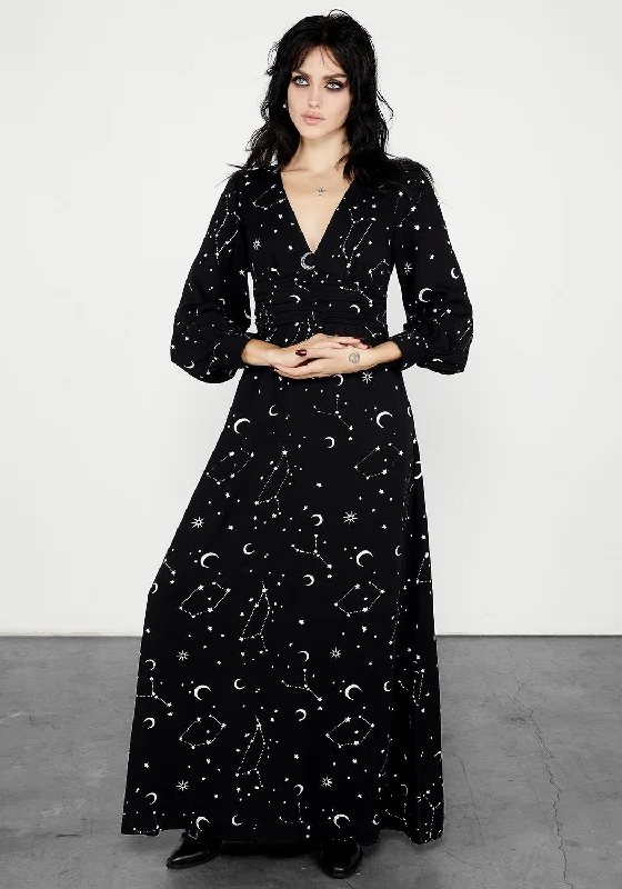 Women's Vintage Floral Print Maxi Dress-Silver Celestial Print Gathered Maxi Dress