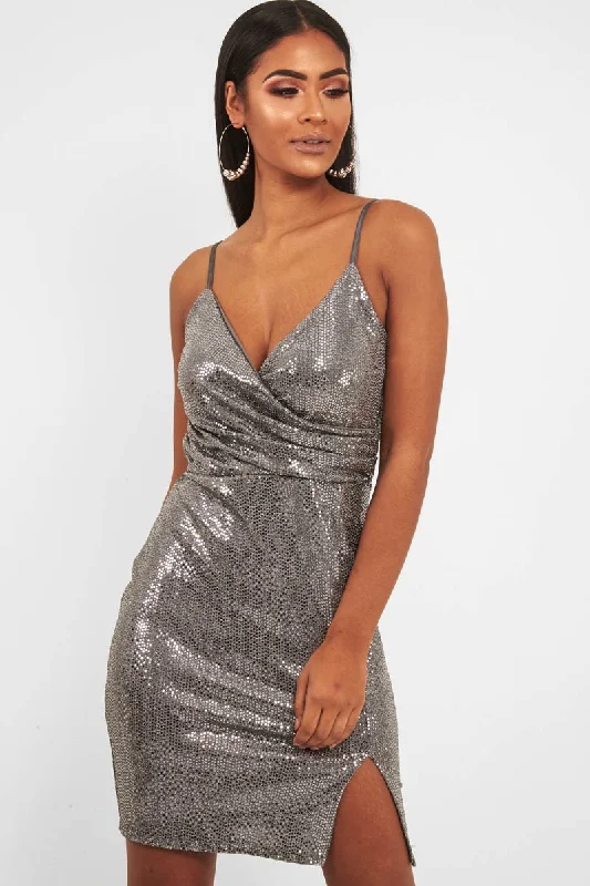 Plus Size Satin Bodycon Dress -Silver Metallic Wrap Front Bodycon Mini Dress - Garnett
