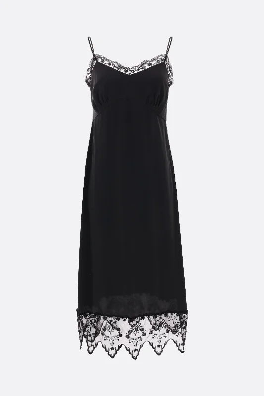 Slip Dress with Piping Detail -Black Satin Slip Dress with Crisscross Detail -crepe de chine slip dress with lace trims