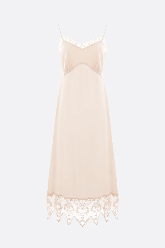 Trendy Satin Slip Dress for Party -Slip Dress with Embroidered Detail -crêpe de chine slip dress with lace trims