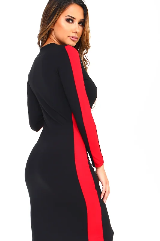 Bodycon Dress with Mesh Panel -Single Stripe Bodycon Midi Dress