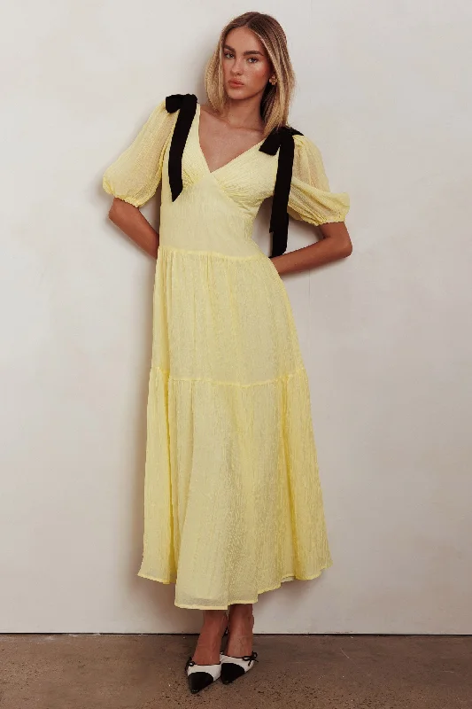 Women's Fitted Maxi Dress-Sinta Bow Shoulder Puff Sleeve Maxi Dress Lemon