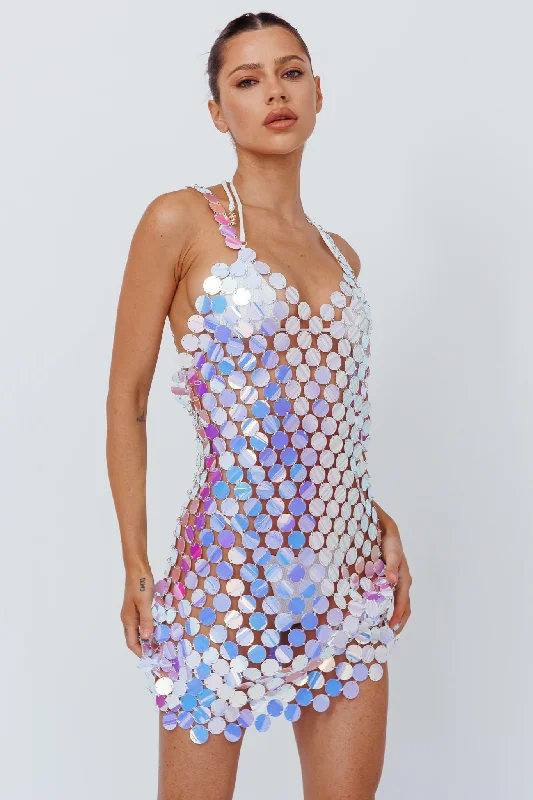Women's Floral Mini Dress-Sirenuse Acrylic Circle Mini Dress Iridescent Silver