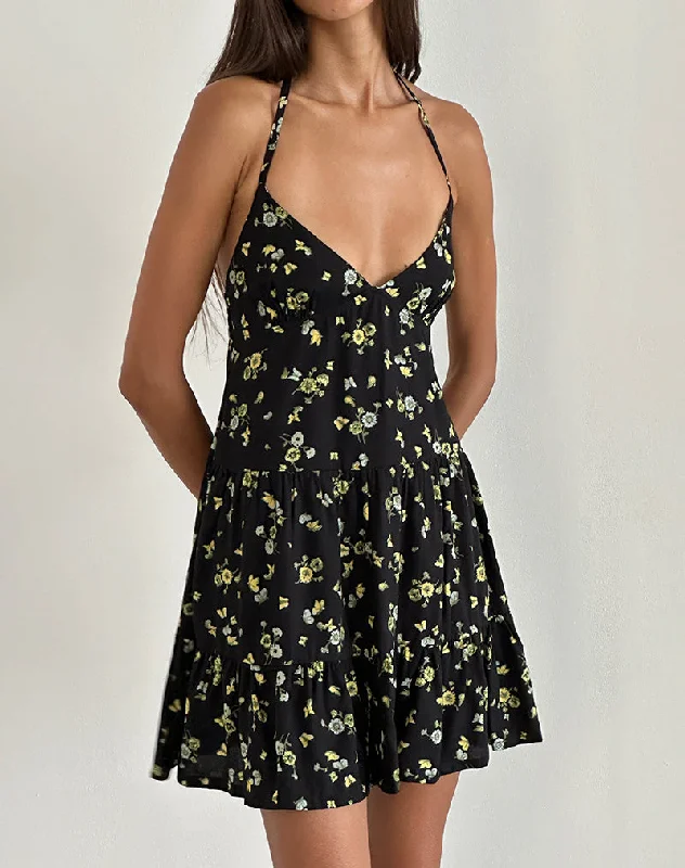 Women's Fringe Mini Dress-Siskana Mini Dress in Lemon and Lime Black