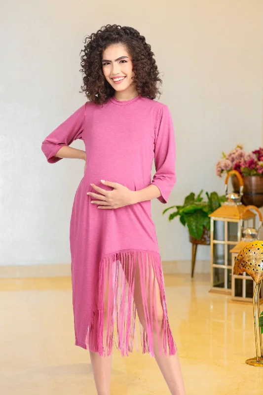Maternity Dresses with Peplum Hem -Sizzling Dusty Pink Maternity Fringe Dress