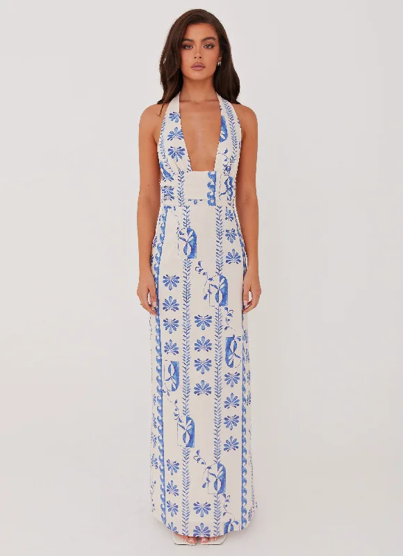 Women's Fitted Button-up Maxi Dress-Sky Linen Maxi Dress - Floral Wave