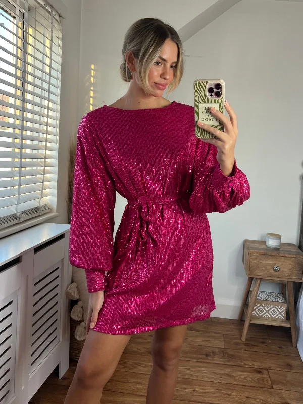 Women's High-low Hem Mini Dress-Skylar Balloon Sleeve Mini Dress / Hot Pink