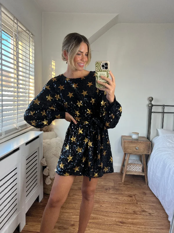Women's Ruffled Mini Dress-Skylar Balloon Sleeve Mini Dress / Star Sequin