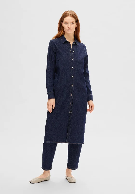 Women's Belted Casual Shirt Dress-Selected Femme Dagmar Midi Denim Shirt Dress, Dark Blue Denim Women's Belted Casual Shirt Dress-Selected Femme Dagmar Midi Denim Shirt Dress, Dark Blue Denim