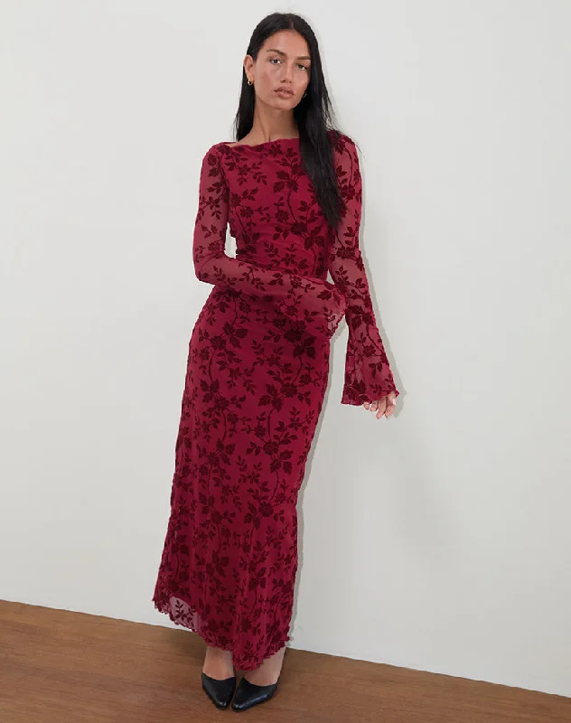 Women's Belted Sleeve Maxi Dress-Slokya Long Sleeve Maxi Dress in Vine Floral Flock Cherry