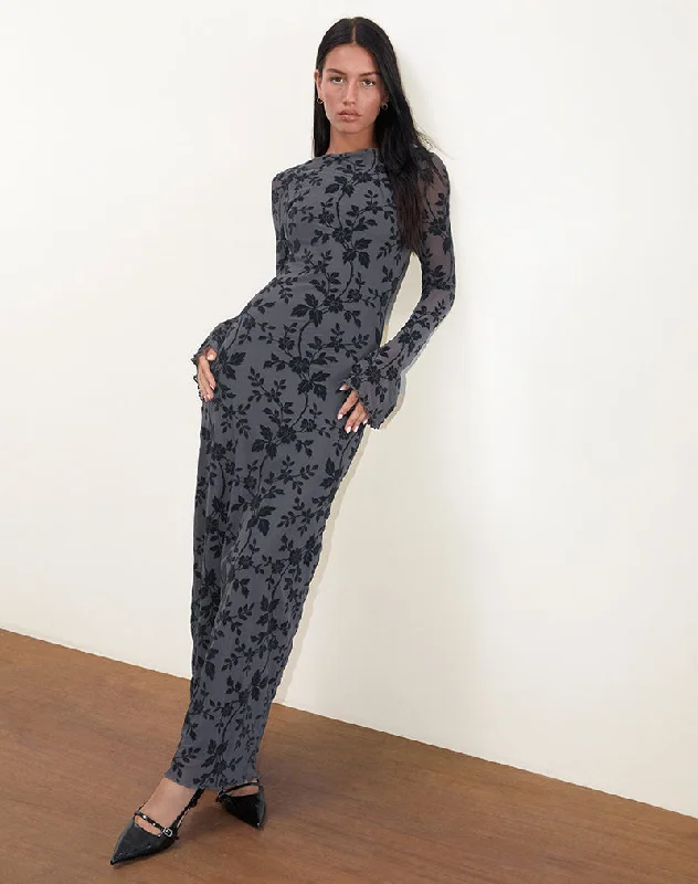 Women's Ruffled Sleeves Maxi Dress-Slokya Long Sleeve Maxi Dress in Vine Floral Flock Ocean Storm