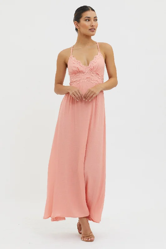 Women's Elastic Waist Maxi Dress-Slow It Down Lace Trim Maxi Dress Peach