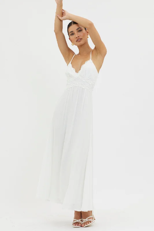 Women's Green Floral Maxi Dress-Slow It Down Lace Trim Maxi Dress White