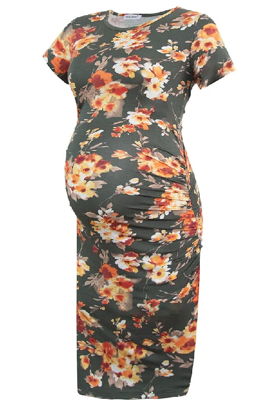 Maternity Dresses with Puff Sleeves -Smallshow Floral Ruched Maternity Dresses
