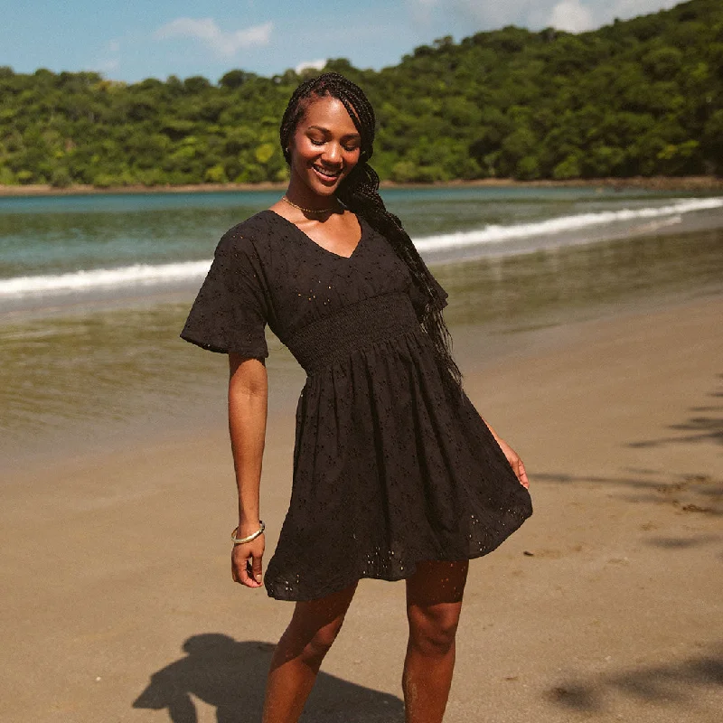 Women's Faux Wrap V-neck Midi Dress-Smocked Dress, Black