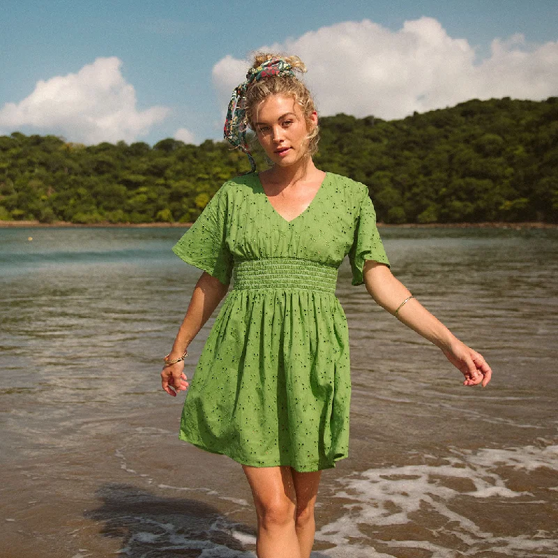 Women's Dotted Print Midi Dress-Smocked Dress, Green Eyelet