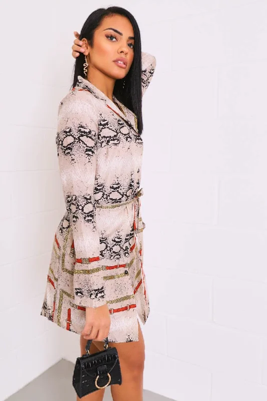Women's Long-sleeve Plaid Shirt Dress-Snake Chain Print Belted Shirt Dress - Karly