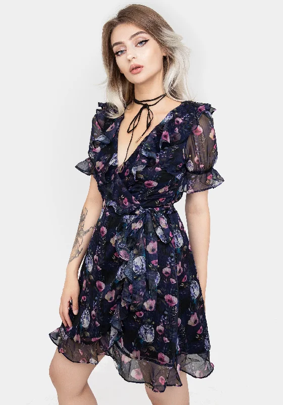 Women's Pastel Mini Dress-Socordia Floral Moon Chiffon Frill Wrap Mini Dress