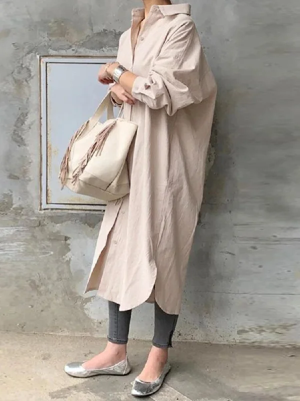 Classic Short Sleeve Shirt Dress-Solid Color Casual Long Sleeve Cotton Shirt Dresses