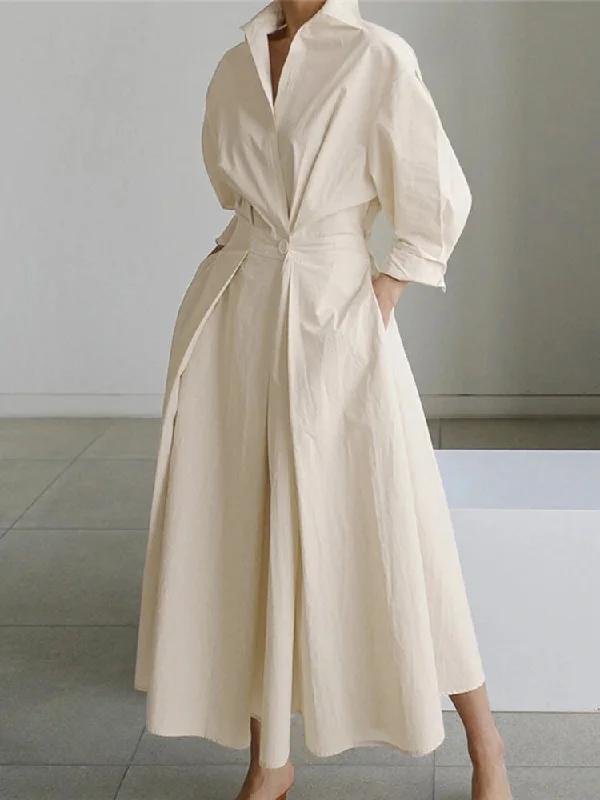 Women's Color-blocked Maxi Dress-Solid Pocket Button Lapel Maxi Shirt Casual Dress