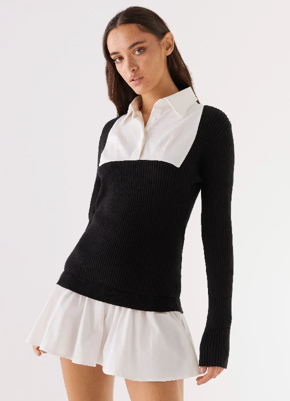 Comfortable Shirt Dress for Women-Somerville Knitted Shirt Dress - Black/White