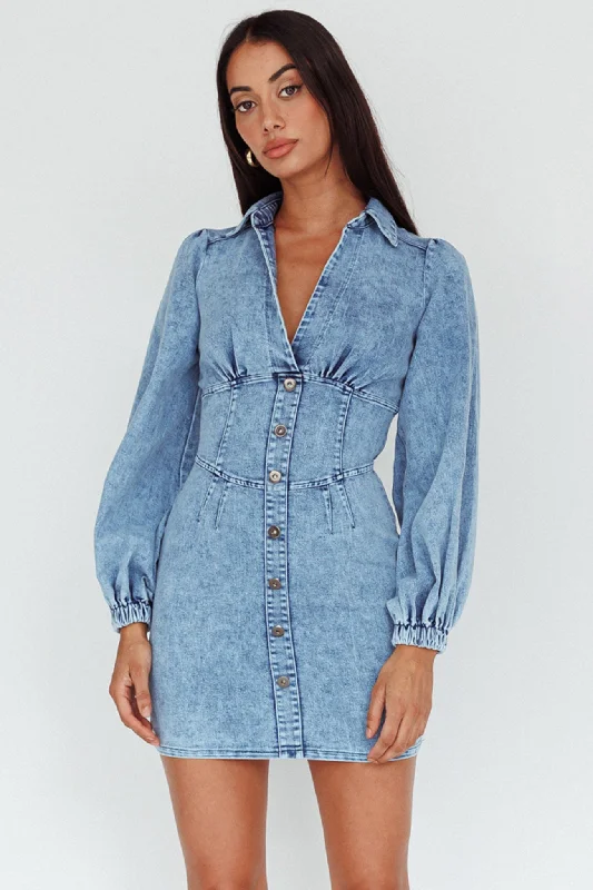 Women's Adjustable Strap Mini Dress-South Beach Long Sleeve Collared Mini Dress Denim Women's Adjustable Strap Mini Dress-South Beach Long Sleeve Collared Mini Dress Denim
