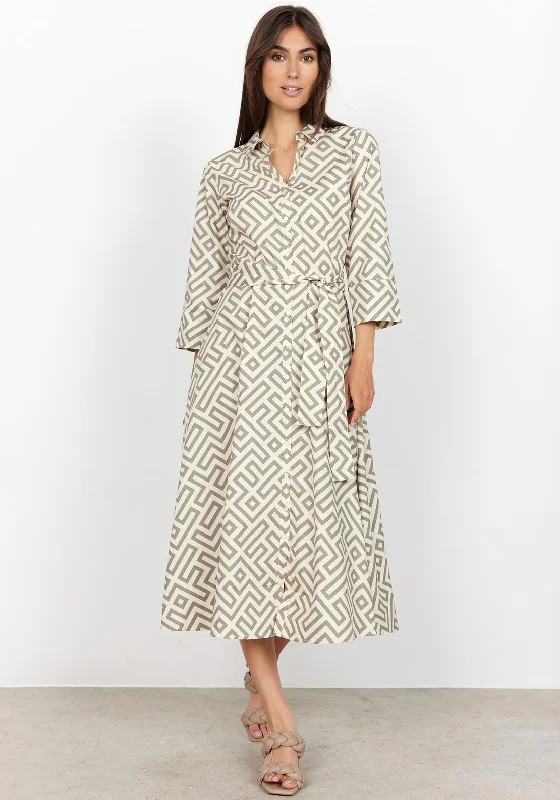 Off-shoulder Casual Shirt Dress-Soyaconcept Kirsty Maze Print Shirt Dress, Dusty Green