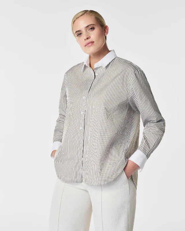 Women's Party Top -SPANX® Poplin Oversized Button Down, Matcha Stripe