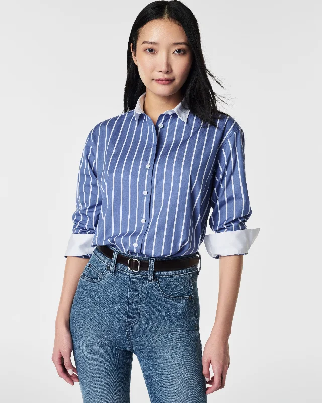 Women's Luxe Top -SPANX® Poplin Oversized Button Down, Postal Blue Stripe