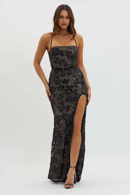 Women's Colorful Maxi Dress-Sparks Fly Sequin Embellished Maxi Dress Black/Nude