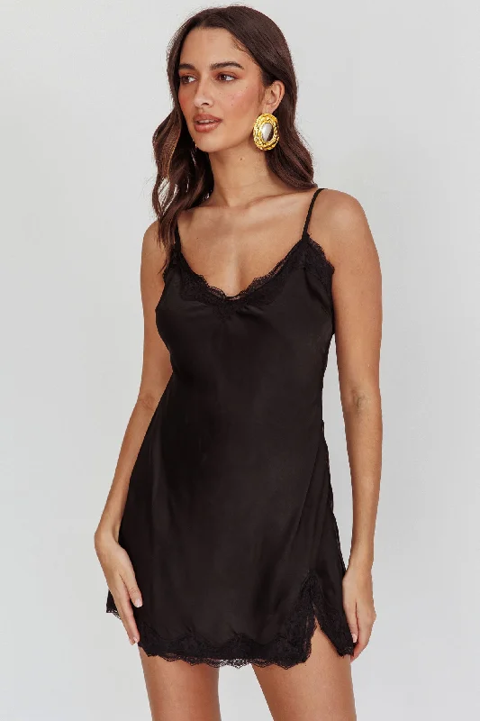 Short Slip Dress -Sleeveless Black Slip Dress -Spellbound Satin Mini Slip Dress Black