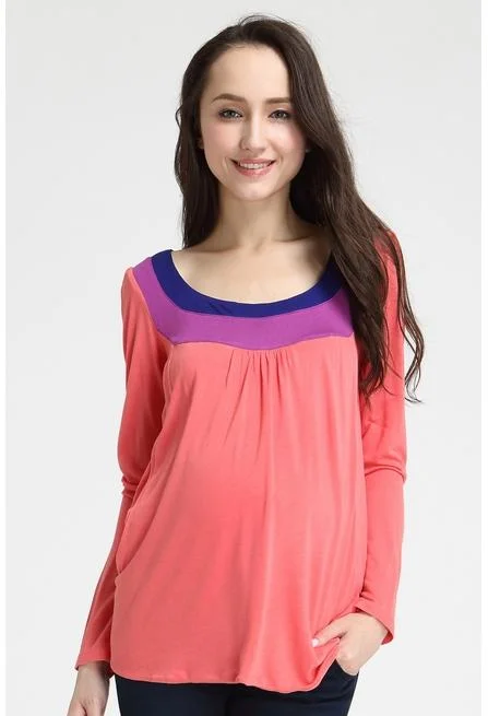 Maternity Dresses for Warm Weather -Elena Contrast Neck Maternity Top Magenta