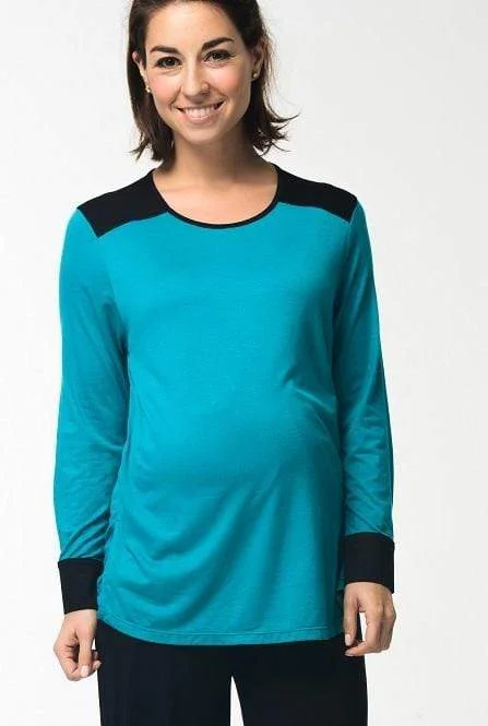 Soft Maternity Dresses with Stretch Fit -Maggie Contrast Maternity Top Teal