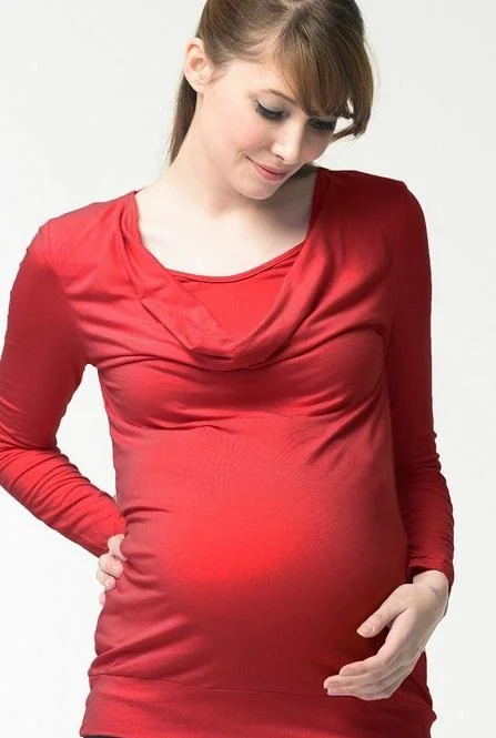 Women's Round Neck Long Sleeve T-shirt -Velma Cowl Bamboo Cotton Long Sleeve Nursing Nursing Top Red Women's Round Neck Long Sleeve T-shirt -Velma Cowl Bamboo Cotton Long Sleeve Nursing Nursing Top Red
